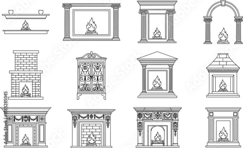 Vintage fireplace collection with classic and ornate mantel designs illustrated in detailed black outline style isolated on white background