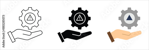 Icon representing a hand holding a gear with an exclamation warning symbol, conceptualizing technical service alerts, system maintenance, and operational issue detection