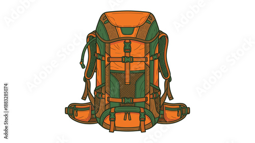 Detailed illustration of a large orange and green hiking backpack, ready for outdoor adventures.