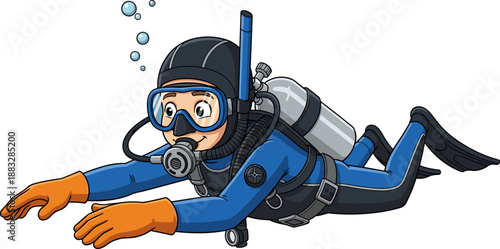 Happy Cartoon Scuba Diver Character Wearing Blue Wetsuit and Oxygen Tank Swimming Underwater with Goggles Fins and Orange Gloves