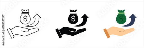Financial growth and investment success concept. Hand holding a money bag with an upward arrow symbolizing increasing wealth, profit, and business development for economic prosperity