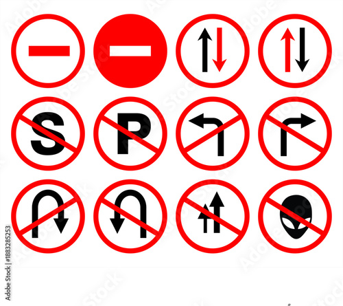 Set of red circle traffic prohibition signs. Vector icons for no entry, no parking, no stopping, and turn restrictions.