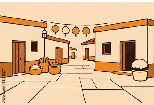 traditional asian street with buildings and lanterns