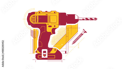 Detailed illustration of a power drill with a screw and a wooden structure.