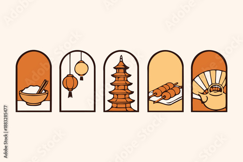 asian cultural icons in arched frames