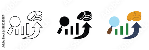 Digital icon set showcasing financial prosperity, investment returns, and strategic market observation leading to significant revenue expansion