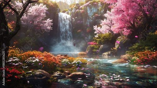 A cascading waterfall surrounded by vibrant spring blooms with cherry blossoms and wildflowers adding splashes of color to the lush green landscape