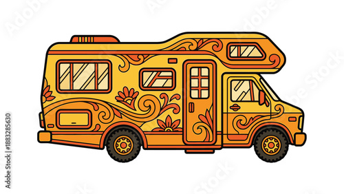 Detailed illustration of a vibrant, decorated recreational vehicle, ready for adventure and travel.