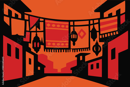silhouetted middle eastern street with textiles and lanterns