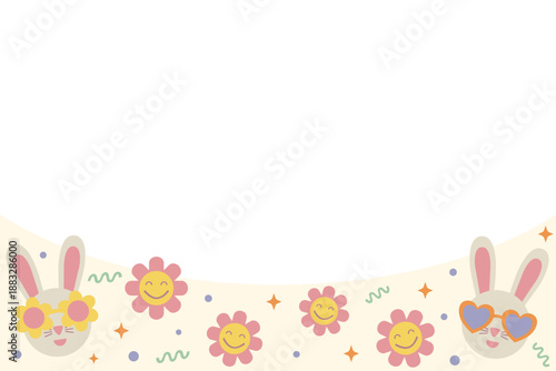 Retro Spring vector illustration flat design with a bottom border of cool bunnies in heart glasses, providing a clean copy space background.