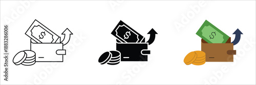 Conceptual icon for financial growth, showing money rising from wallet with coins, symbolizing income increase, successful saving, and wealth management
