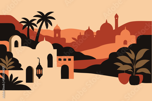 desert oasis town with palm trees and architecture