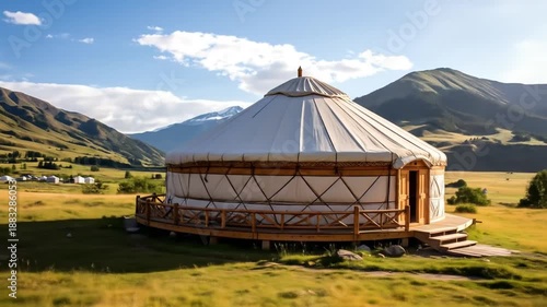 Traditional yurt structure in scenic landscape.