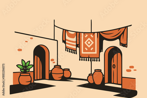 courtyard with hanging rugs,pots,and arched doors