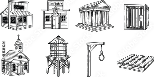 Wild west town buildings and objects set with sheriff office, jail, church, gallows, and wooden structures in vintage style