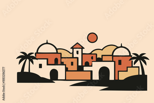 warm hillside town with domes and palm trees