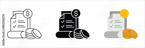 Financial document with checkboxes and a stack of coins, symbolizing billing, payment, and overall money management for transactions and income
