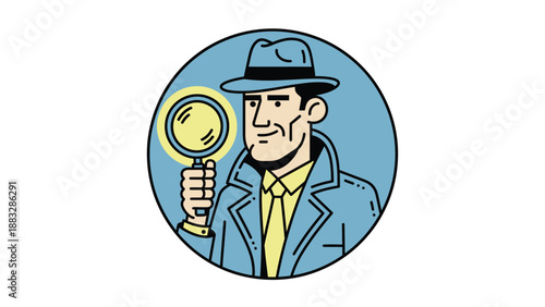 Detective holding magnifying glass, wearing hat and coat, looking for clues, investigation concept.