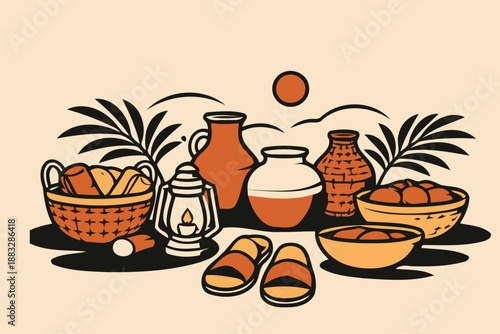 collection of arabic pottery,baskets,and slippers