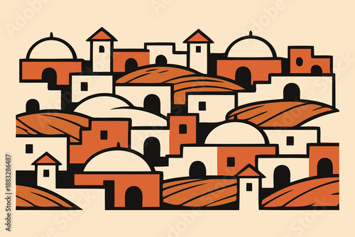 densely packed townscape with domes and hills
