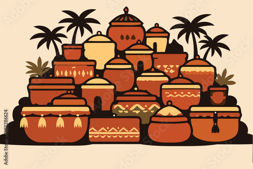 arrangement of decorative pots and palm trees
