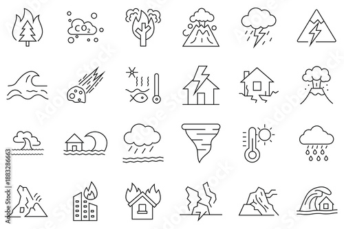 Natural disaster icon set. Out line icon of extreme weather, tornado, typhoon, flood, abnormal heat, storm. geological hazards, sandstorm, Vector illustration.