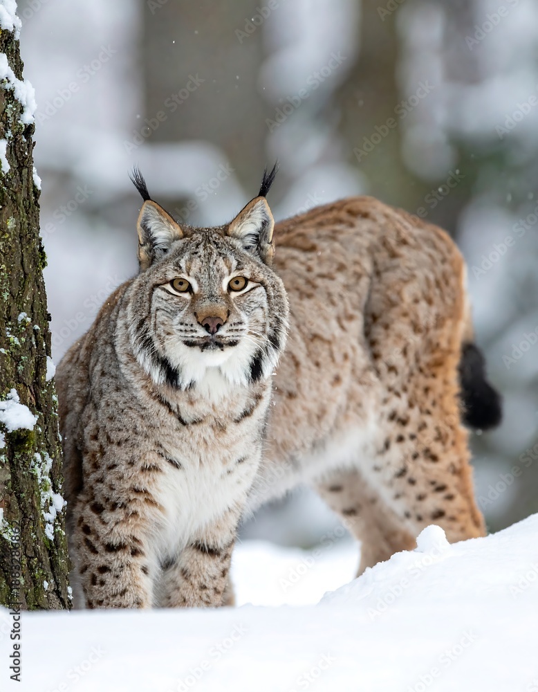 Obraz premium Spotted lynx stands in the snow by a tree, staring forward with its piercing eyes. Winter background