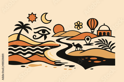 egyptian landscape with river,camel,and eye of horus