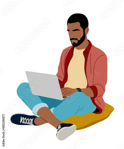 Modern flat illustration of a man sitting cross legged on a cushion working on a laptop, ideal for remote work, freelance, and digital lifestyle concepts. vector isolated on transparent background