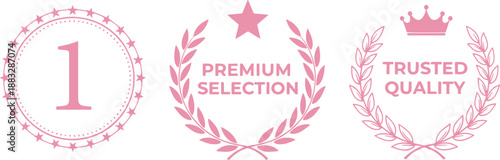 Pink decorative badges for premium quality and top selection awards