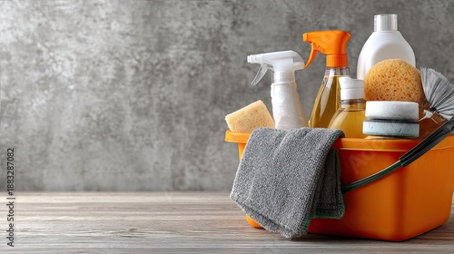 Orange laundry basket filled with cleaning supplies sits on a white wooden table against a gray backdrop