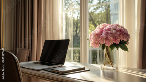 Elegant Home Office with Pink Hydrangeas
