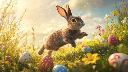 Easter Bunny and Colorful Eggs in Sunny Meadow