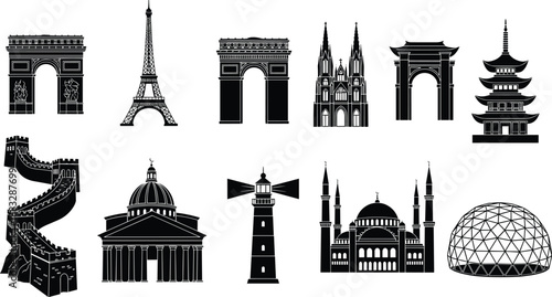 World famous landmarks silhouettes collection including Eiffel Tower, Great Wall, mosques, pagoda, arches, and iconic monuments in black style