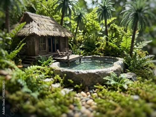 Miniature Hidden Jungle Villa with Tropical Pool and Lush Rainforest Atmosphere