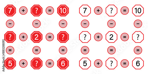 Math logic puzzle worksheet for kids with addition and subtraction equations.