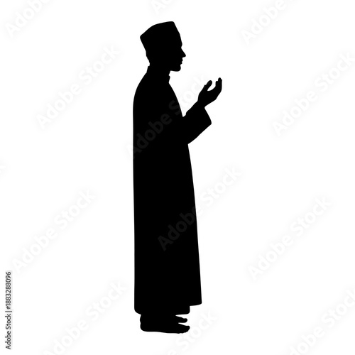 silhouette of a Muslim man praying against a white background