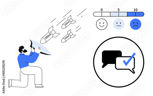 Person defends against incoming DDoS attack missiles, feedback scale evaluates impact, communication assessed. Ideal for cybersecurity, defense, threat analysis, IT, impact, evaluation metaphorical