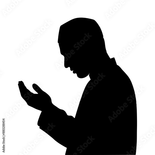 silhouette of a Muslim man praying against a white background