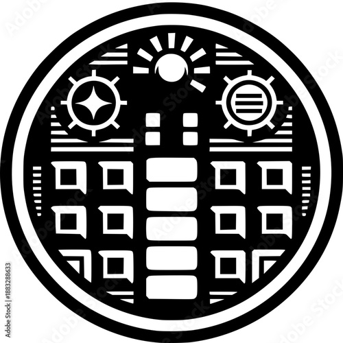 Intricate Architectural Design: A captivating circular design showcases a stylized architectural structure, intricate mechanical elements, and celestial symbols.