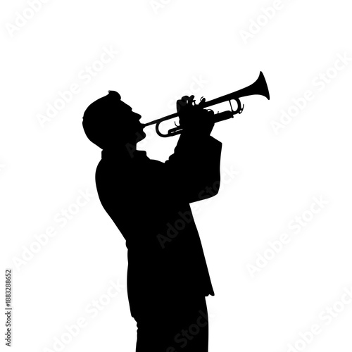 silhouette of a man playing the trumpet against a white background