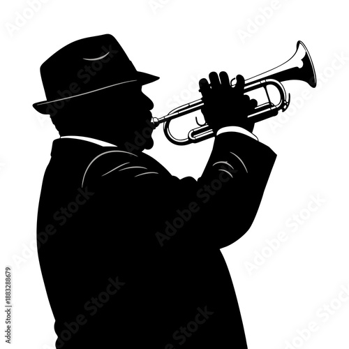 silhouette of a man playing the trumpet against a white background