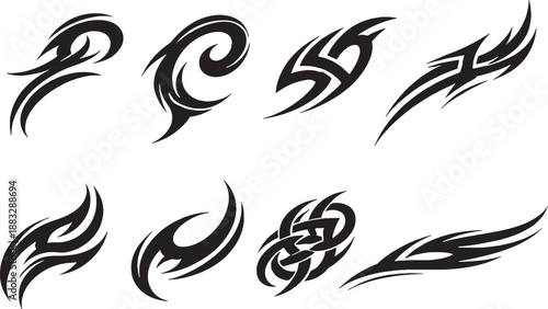 Tribal Curve Tattoo Ornament Icon Set Black and White