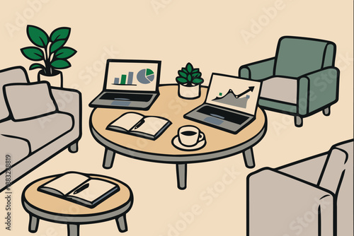 relaxed meeting lounge with laptops and coffee break