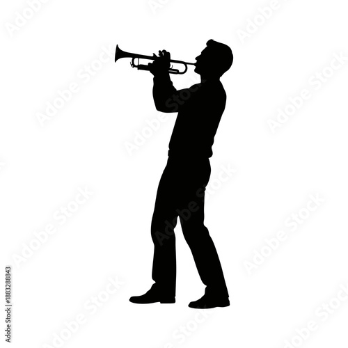 silhouette of a man playing the trumpet against a white background