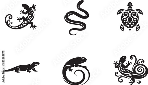 Reptile Ornament Mix Icon Set Black and White Decorative Symbols
