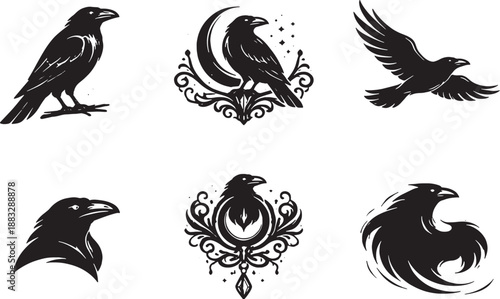 Raven Spiritual Ornament Icon Set Black and White