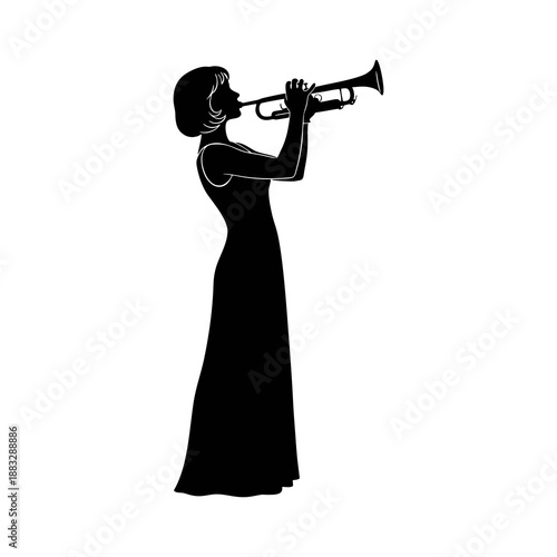 silhouette of a woman playing the trumpet against a white background