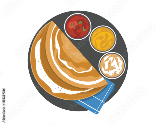 delicious dosa with three sauces on plate