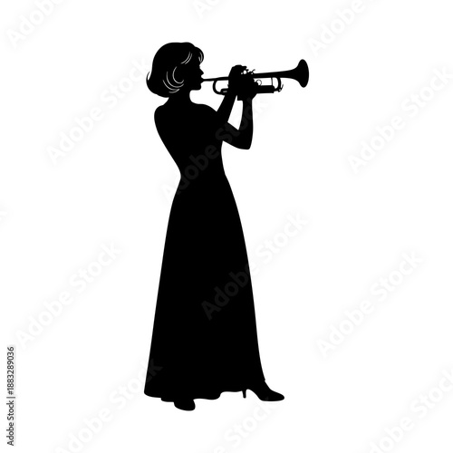 silhouette of a woman playing the trumpet against a white background